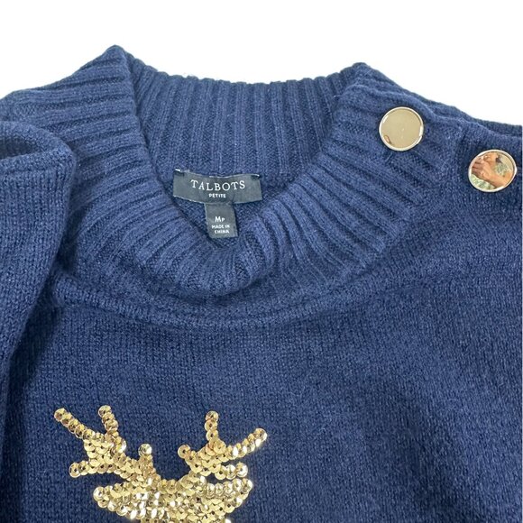 Talbots Sequin Reindeer Mockneck Sweater Blue Gold Buttons M Petite Holiday Look - Picture 13 of 14